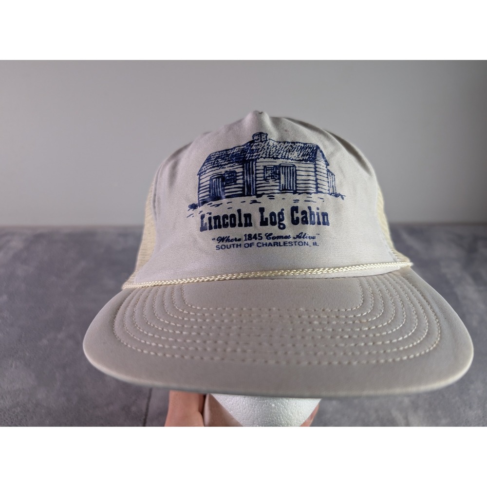 VTG Nissun Lincoln Log Cabin Trucker Hat Snapback Mesh Rope Brim Tan Illinois